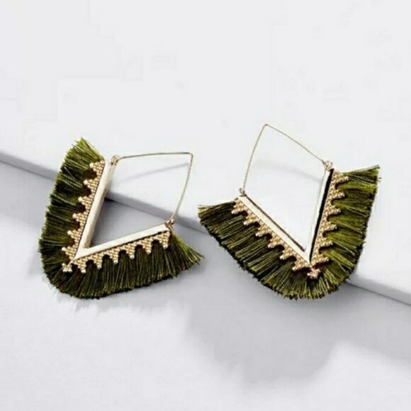 Jewelry - Olive Green and Gold Fringe Triangle Earrings